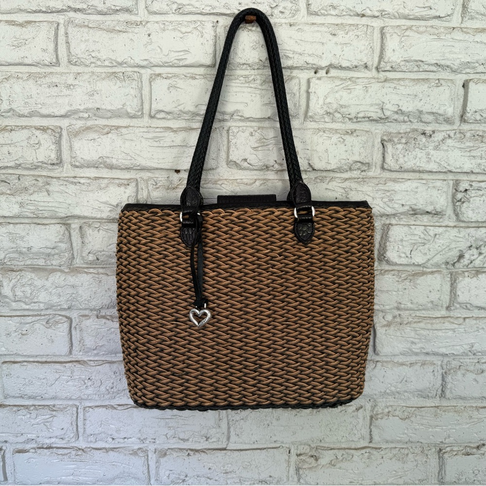 Vintage Brighton Straw & Leather Purse Tote Bag Woven Braided Straps-Tan Black - Picture 6 of 16